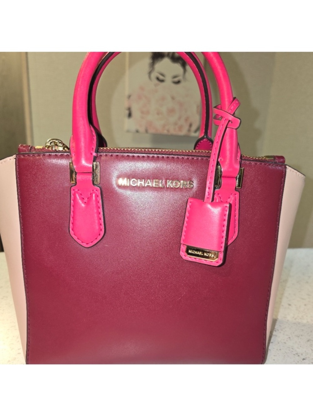 Michael Kors Burgundy & Hot Pink Leather Satchel with Blush Sides